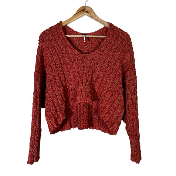 Free People 100% Cotton Open-Knit Cropped Sweater Womens M Orange Beachy - Picture 2 of 7